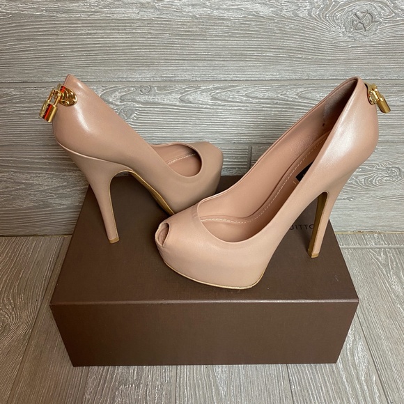 Louis Vuitton Heels Nude Leather Oh Really Platform Lock Peep Toe 38 - Picture 3 of 16